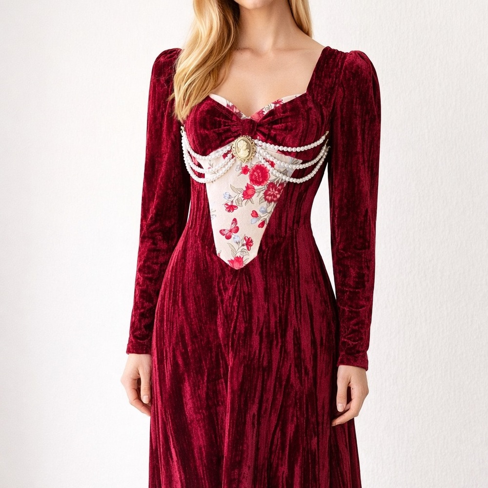 Vintage Burgundy Velvet Cottagecore Victorian Dress Pearl Bodice Midi Romantic